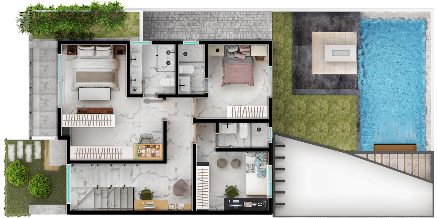 Planta superior do Sobrado 3 suítes do empreendimento Supremo Brasil da Summus Engenharia.