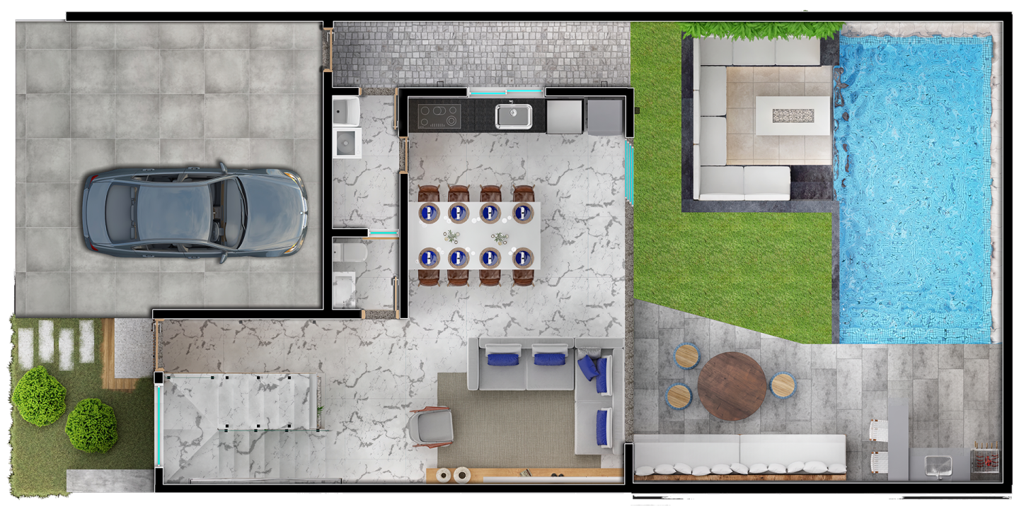 Planta térrea do Sobrado 3 suítes do empreendimento Supremo Brasil da Summus Engenharia.